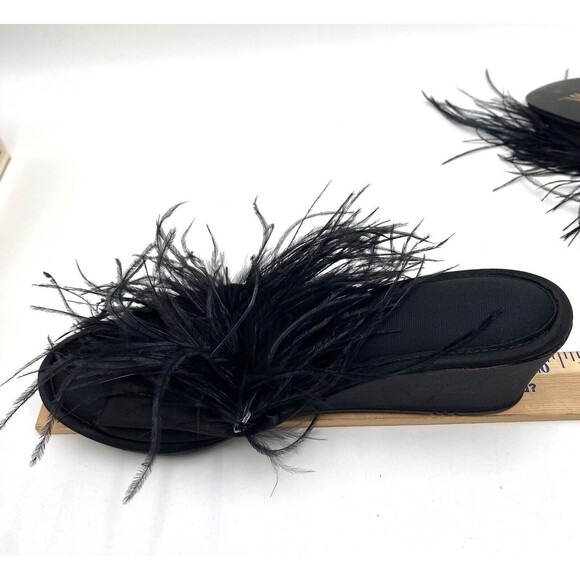 Vintage Madye's Fru-Fru Fancy Wedge Heel Black Slippers w Feathery Detail L 8-9 - Picture 8 of 12